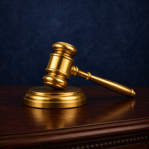 A gold gavel on a mahogany desk