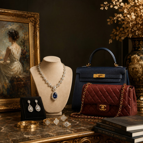A diamond and sapphire necklace, earrings, a Cartier bracelet and two designer handbags beside a gilt-framed painting